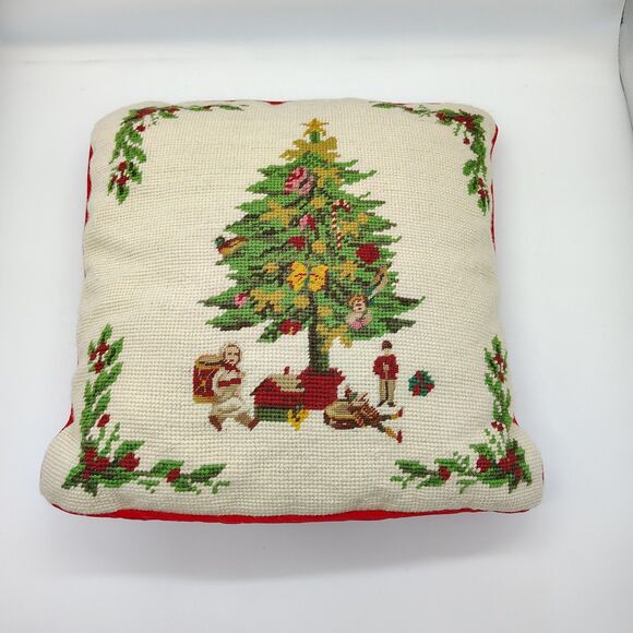 Vtg Steinwinder Throw Pillow Christmas Tree Needlepoint Retro Velvet Wool 70s - Picture 1 of 7